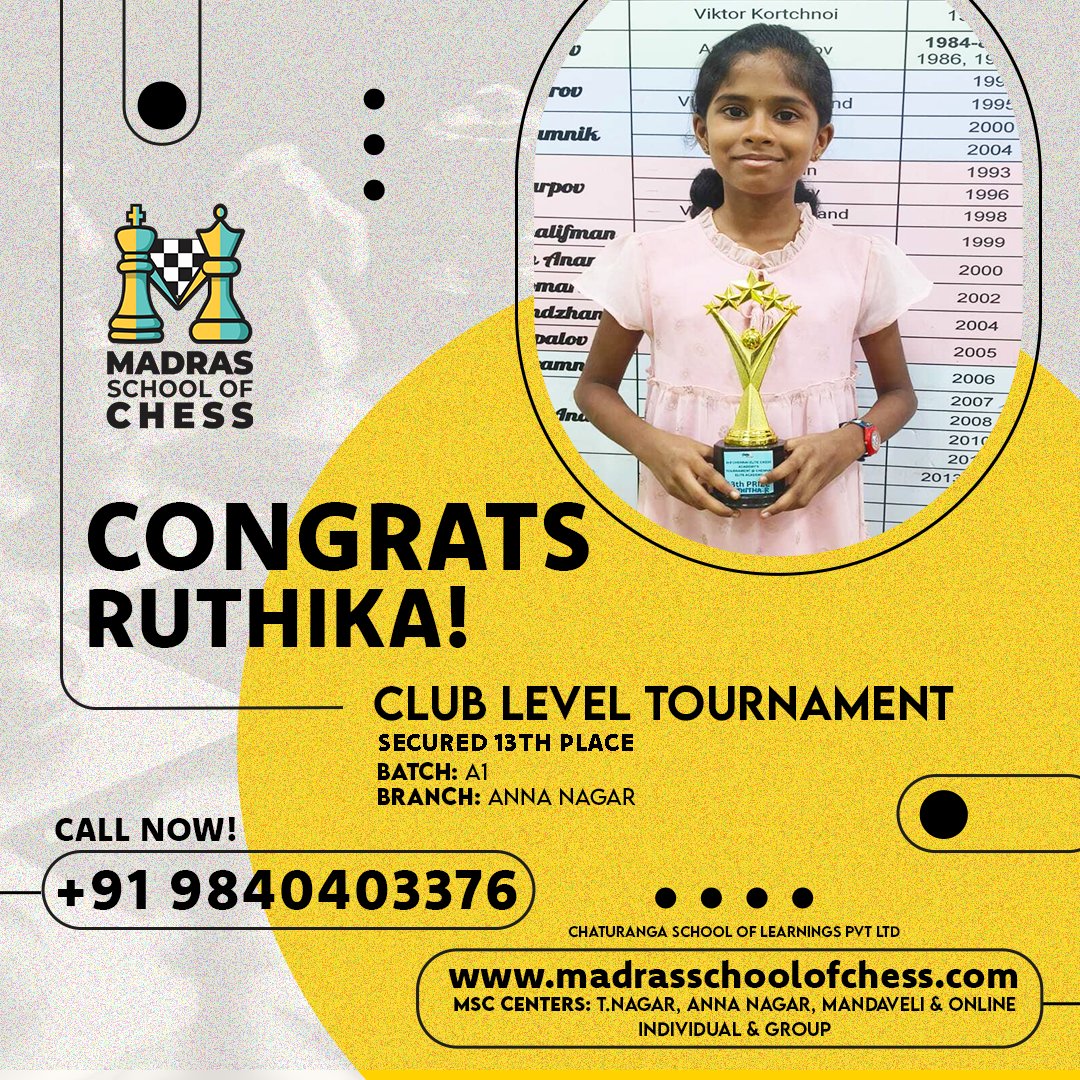 madraschess's tweet image. 𝐂𝐡𝐞𝐞𝐫𝐬 𝐭𝐨 𝐨𝐮𝐫 𝐌𝐚𝐝𝐫𝐚𝐬 𝐒𝐜𝐡𝐨𝐨𝐥 𝐨𝐟 𝐂𝐡𝐞𝐬𝐬 𝐬𝐭𝐚𝐫 𝐑𝐮𝐭𝐡𝐢𝐤𝐚 𝐟𝐨𝐫 𝐬𝐡𝐢𝐧𝐢𝐧𝐠 𝐚𝐭 𝐭𝐡𝐞 𝐂𝐥𝐮𝐛 𝐋𝐞𝐯𝐞𝐥 𝐓𝐨𝐮𝐫𝐧𝐚𝐦𝐞𝐧𝐭 𝐰𝐢𝐭𝐡 𝐡𝐞𝐫 𝐬𝐭𝐫𝐨𝐧𝐠 𝐩𝐞𝐫𝐟𝐨𝐫𝐦𝐚𝐧𝐜𝐞! #NorwayChess2025 #WorldRapidChessChampionship