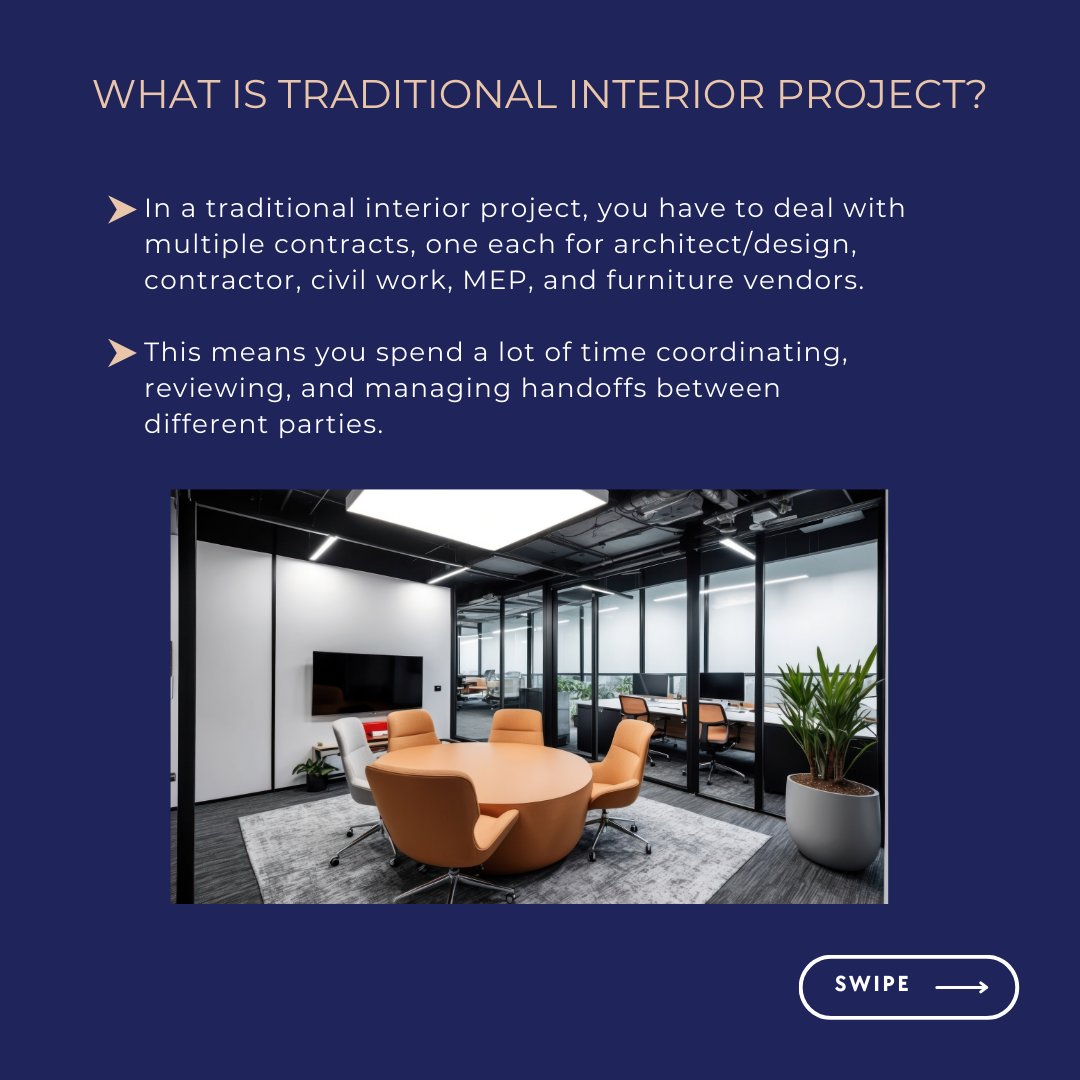 hubandoak's tweet photo. Turnkey gives you speed, cost certainty, and single accountability, while traditional projects involve multiple vendors and longer timelines.

Swipe through our carousel to understand the difference before your next office #interiorproject.

#officedesign #interiordesign https://t.co/xOVtyXrbiq