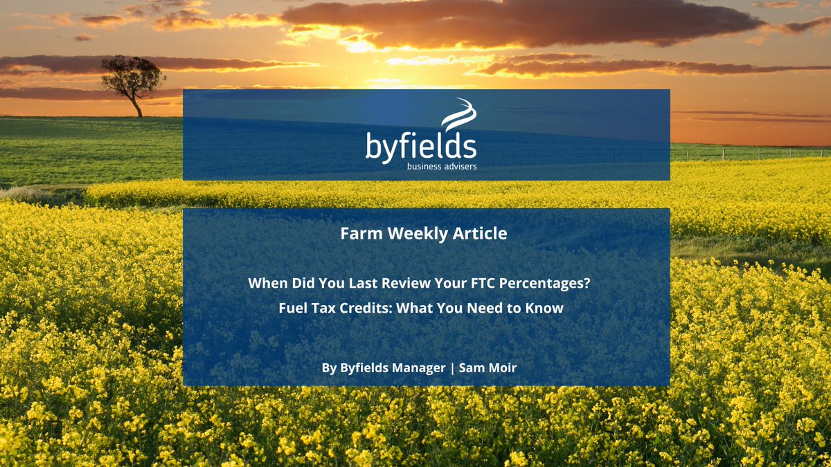 ByfieldsWA's tweet image. FARM WEEKLY ARTICLE | When Did You Last Review Your FTC Percentages? Fuel Tax Credits: What You Need to Know by Sam Moir - Byfields Manager.

To read the full article ow.ly/qU4k50WYzoX

#ByfieldsWA #Agribusiness #Farmweekly #FuelTaxCredit #farmaccountingwa