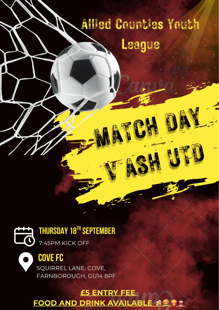 Match Day 

First League game of the season tonight at Home to <a href="/AshUtdFC/">Ash United FC</a> 

7:45 Kick Off

<a href="/CoveFC_Official/">Cove Football Club</a> 
<a href="/ACYFLofficial/">Allied Counties Youth League</a>
