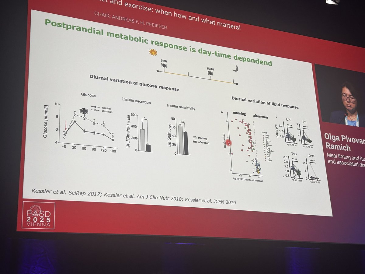Dr. Olga Pivovarova-Ramich: La misma cantidad de carbs y grasa tiene distinto impacto metabólico en la mañana vs la tarde (desayuno bonito, cena muy ligero 😉) #EASD2025