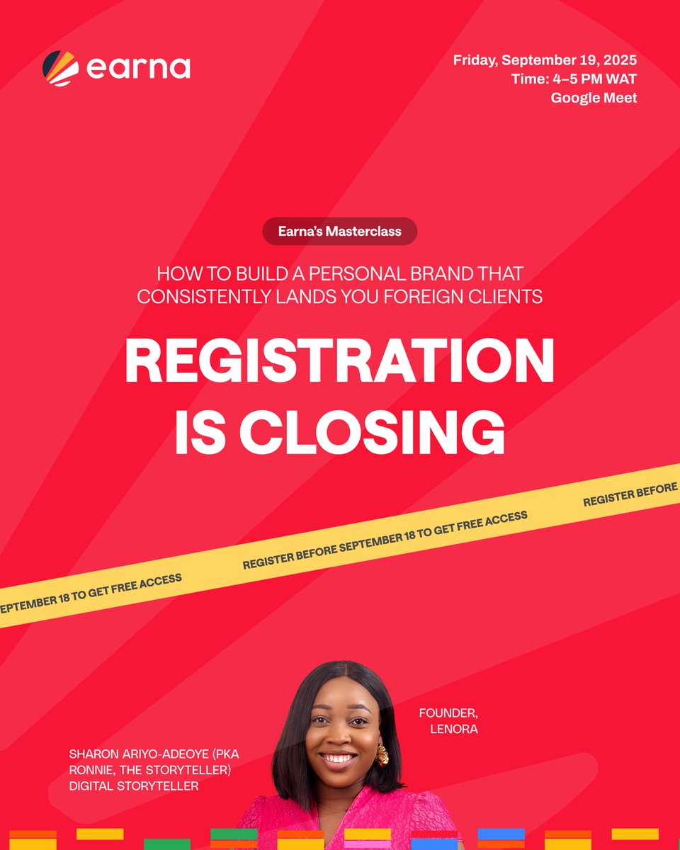 joinearna's tweet photo. LAST CHANCE to book your slot for this How to build a personal brand that consistently lands you foreign clients masterclass 

It’s free for you if you reg here https://t.co/moLRHfXMdF

Don’t say we’ve never done anything for you