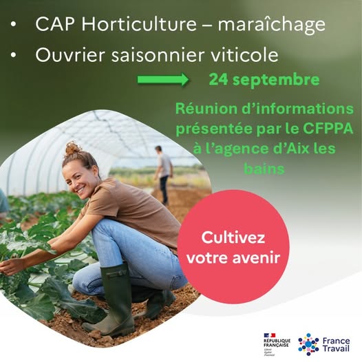 [#TousMobilisés] pour l'#emploi dans les #métiers du vivant

<a href="/FTravail_ARA/">France Travail Auvergne-Rhône-Alpes</a> #AixLesBains organise une réunion d'ℹ️ avec le CFFPA dans le cadre du lancement de #formation 🪻🫛🍇le 24 septembre

Intéressé.e ❓ mesevenementsemploi.francetravail.fr/mes-evenements…

#OnEstLàPourVous #Savoie