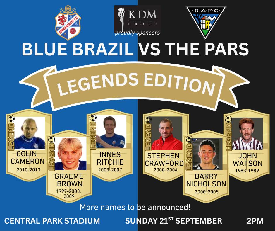 officialdafc's tweet photo. There's still time to get your tickets for Sunday's Legends match between Cowdenbeath and #DAFC.

There are also a small number of mascot tickets available for the game at Central Park. 

Tickets are priced at £10 with slots limited to 25 for each team (one for each legend).

For those who have already bought mascot tickets, please meet at the front of the Main Stand beside the tunnel area at 1.30pm.

🎟️ https://t.co/xXg5HiBPCn