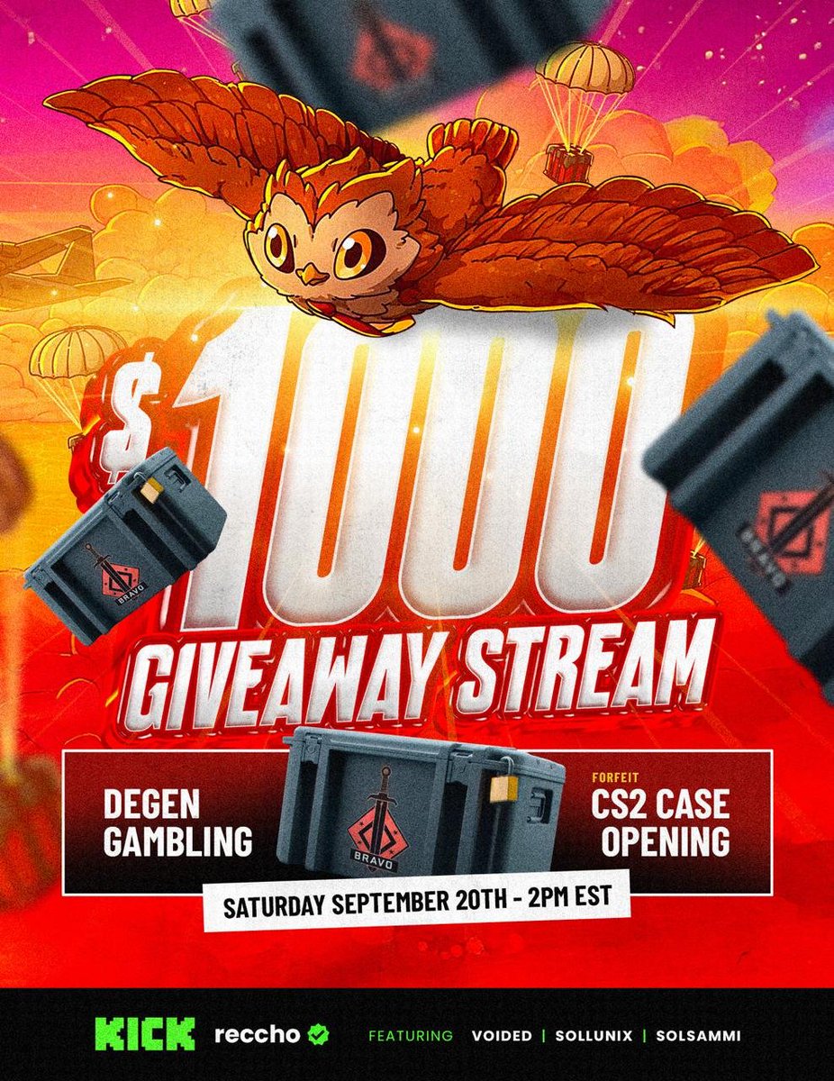 Recchoo's tweet image. $1,000 GIVEAWAY STREAM (Sept 20th, 2PM EST)

- $1,000 to 20+ WINNERS
- $5,000 DEGEN GAMBLING
- FORFEIT CS2 CASE OPENING

And I&apos;m giving away $500 to 3 people who:

- Follow me
- Like + RT
- Drop SOL wallet

Winners will be picked LIVE.

WHO&apos;S READY FOR SOME FKING DEGENERACY?