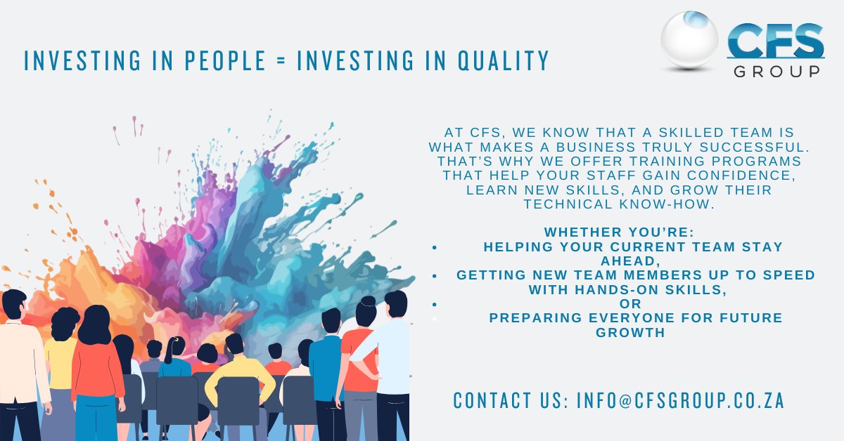 cfs_software's tweet image. At CFS, we help your team grow with flexible, hands-on training 💼🧰📈 — at your workplace or our Joburg centre.📩 info@cfsgroup.co.za
#CFS #SkillsDevelopment #UpskillYourTeam #WorkforceGrowth