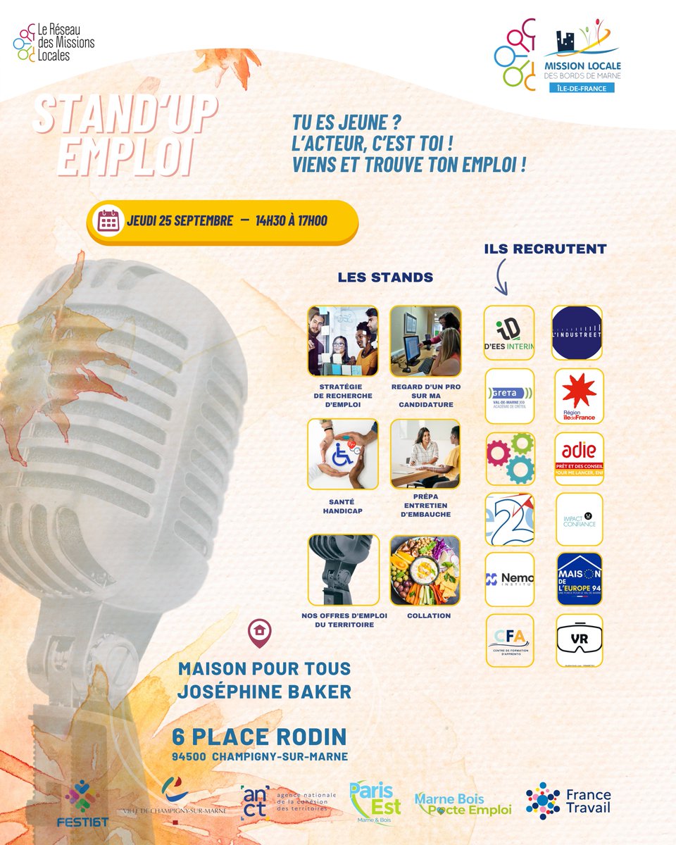 mlbdm94's tweet image. :
Stand’Up de l’Emploi revient !

📅 Jeudi 25 septembre 2025
📍 Maison pour tous Joséphine Baker – Champigny

En recherche d’un emploi ou d’une formation ?

Viens rencontrer des pros, saisir des opportunités et booster ton avenir !

💡 Apporte ton CV !