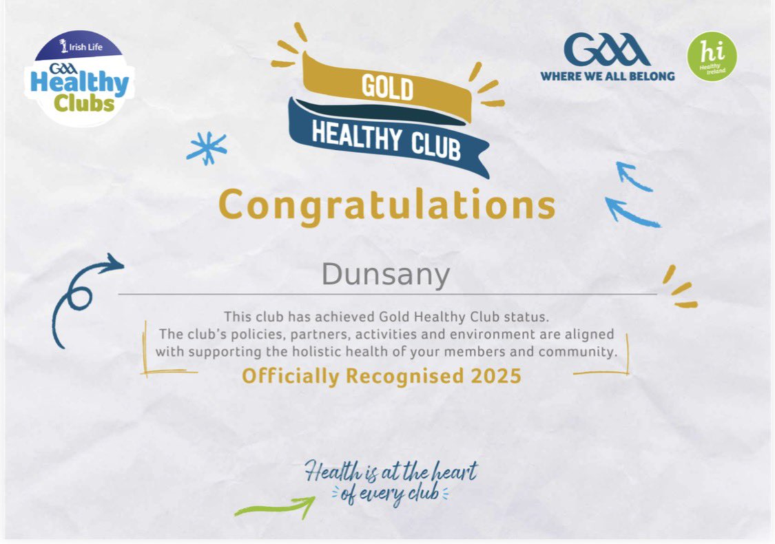 DunsanyGAA's tweet image. 🏅 GOLD

Dunsany GAA Club has been awarded GAA Healthy Club Gold status. 

Huge thanks to our volunteers, coaches, players, &amp;amp; members for keeping wellbeing at the heart of our club.

🏐 @GAACommunity | @IrishLife | @HealthyIreland |

#️⃣ #GAAHealth #Healthyclubs