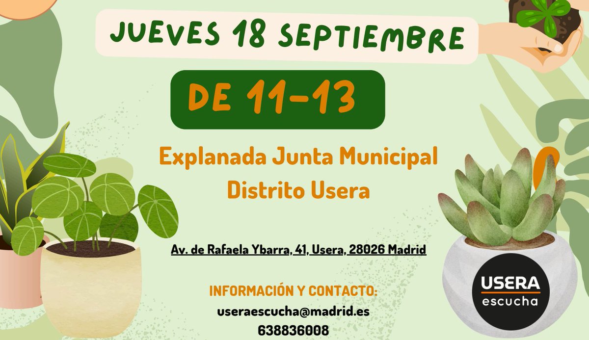 jmd_usera's tweet image. 📌Jornada de encuentro vecinal donde podrás intercambiar esquejes y jardinería sostenible
📍 Jueves 18 de septiembre;
De 11:00 a 13:00 h
Explanada de la Junta Municipal de Usera
Actividad gratuita y abierta a todas las edades
#UseraEscucha

👉informate.madrid.es/vn9gf
