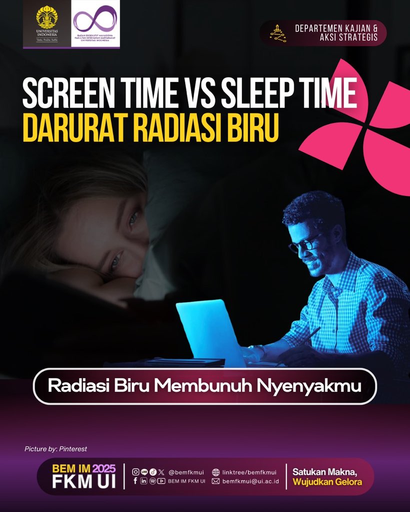 SCREEN TIME VS SLEEP TIME: DARURAT RADIASI BIRU📱

Paparan cahaya biru dari gadget, terutama pada malam hari, terbukti mengganggu produksi melatonin dan ritme sirkadian, sehingga merusak kualitas tidur.

Simak selengkapnya di:
bit.ly/SCREENTIMEHEAD…