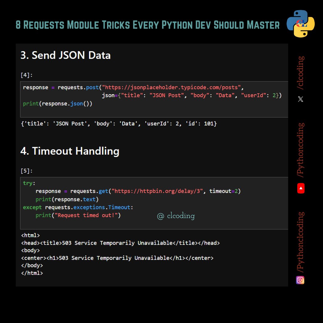 clcoding's tweet image. 8 Requests Module Tricks Every Python Dev Should Master