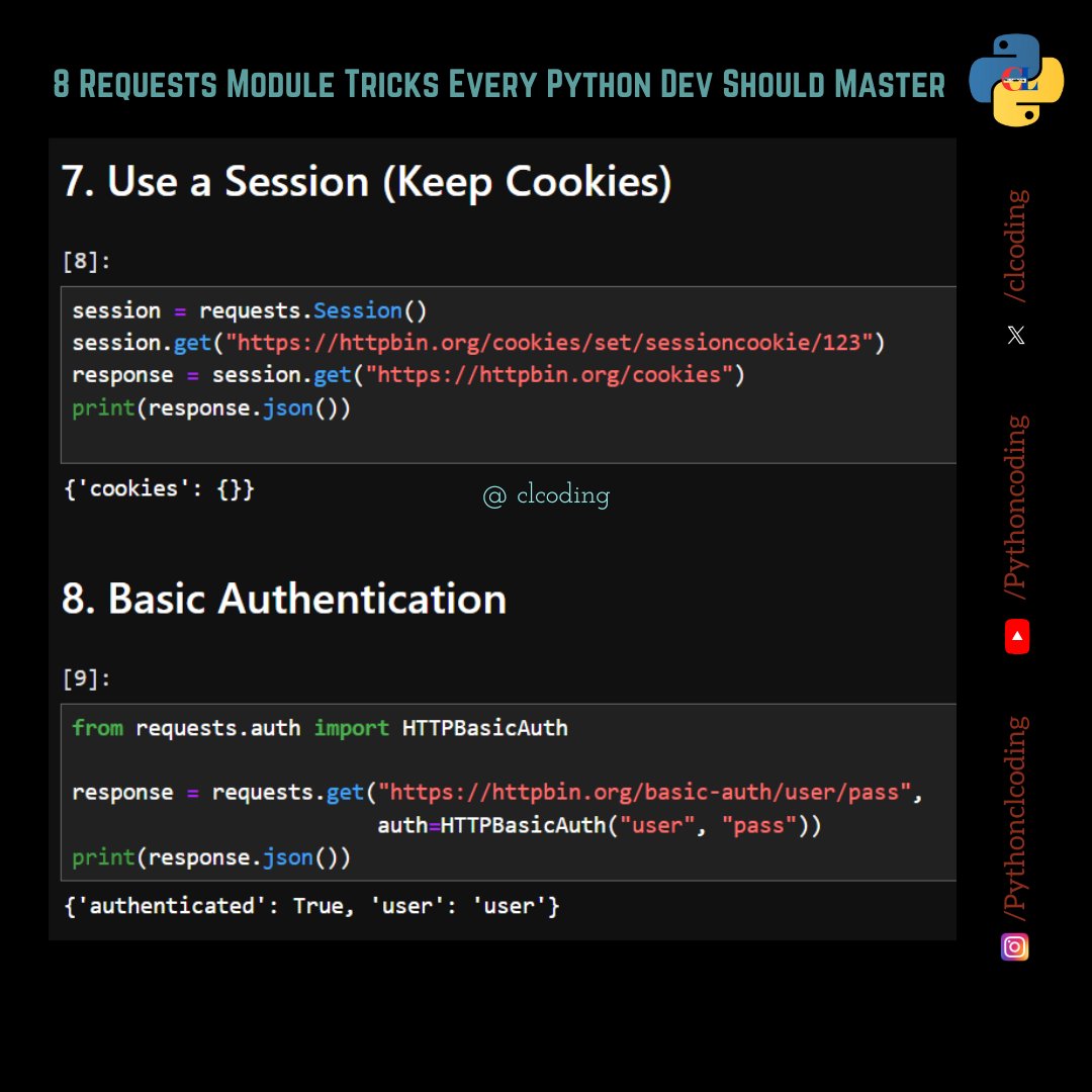 clcoding's tweet image. 8 Requests Module Tricks Every Python Dev Should Master