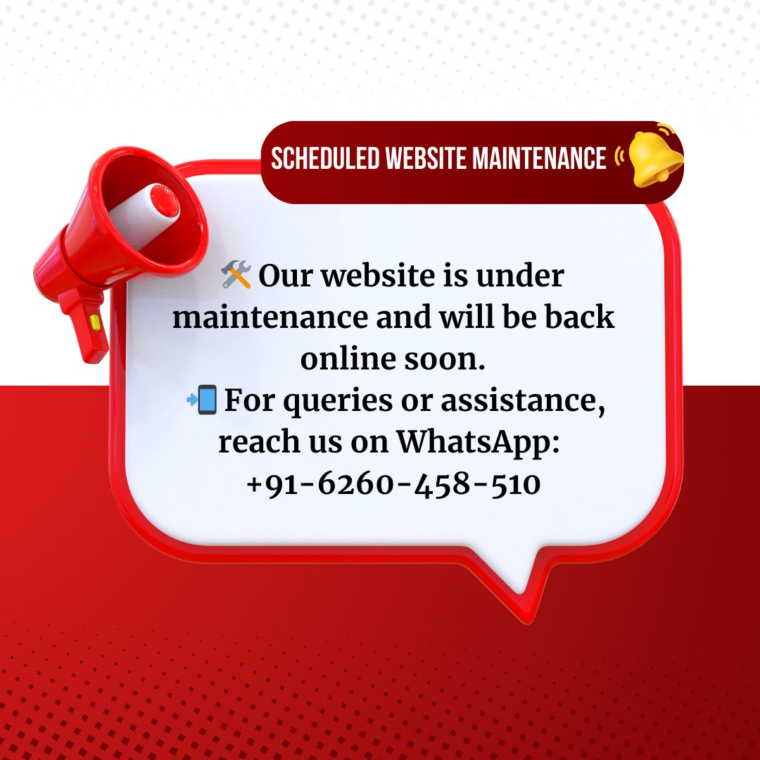 03Rwteam's tweet image. ⚠️ Website under maintenance.

🛠️ Our website is under maintenance and will be back online soon.

📲 For queries or assistance, reach us on WhatsApp: +91-6260-458-510

— Team RTIwala

#RTIwala #MaintenanceUpdate #WebsiteUpdate #RT #ContactUs #CustomerSupport