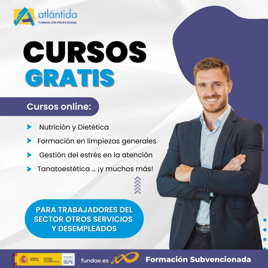 ✨Accede a cursos online GRATIS:
💡 Para trabajadores del sector Otros servicios y personas desempleadas.
📌 Plazas limitadas → ¡No te quedes fuera!
✉️ cursos@atlantidaformacion.com
📞 676 40 58 08