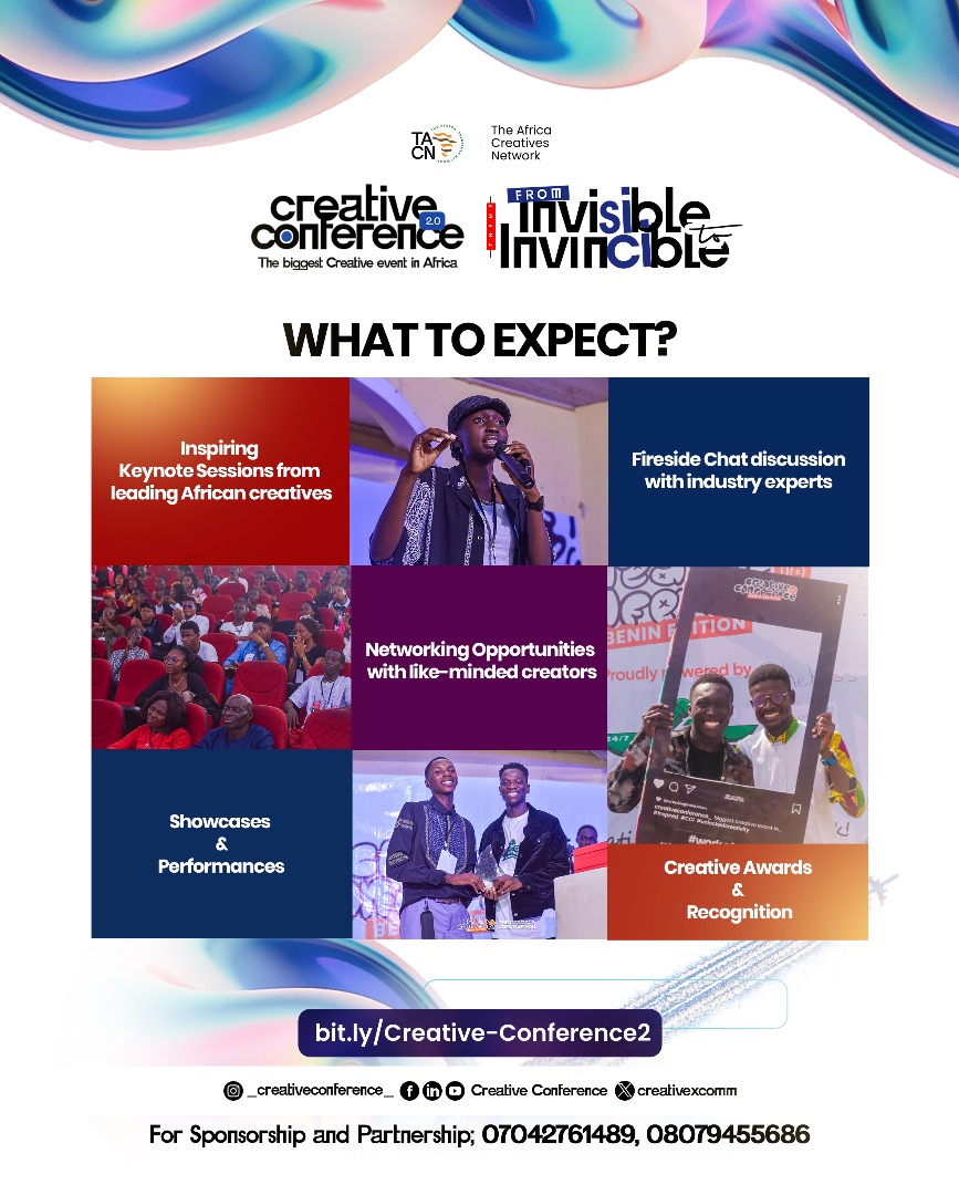 CreativeXComm's tweet image. Just 2 days to go to #creativeconference 2.0🎉

What to expect?
• Keynotes from top African creatives
• Fireside chats
• Performances &amp;amp; showcases
• Creative awards
• Networking that could change your journey

No item 7? You’ll only know if you attend

bit.ly/Creative-Confe…