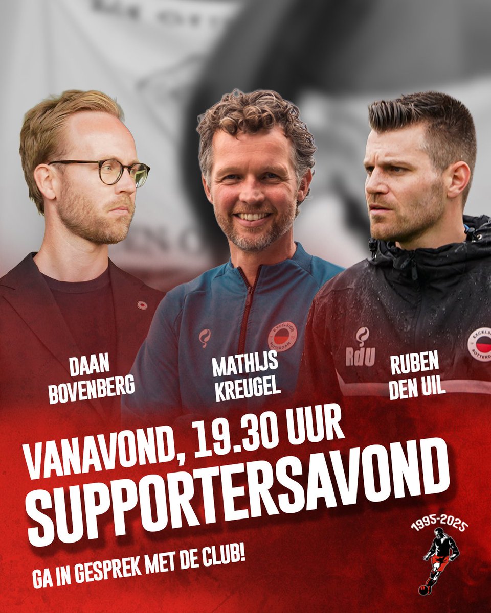 🎤 Vanavond praten Daan Bovenberg, Ruben den Uil en Mathijs Kreugel je bij over waar de club nu staat. 

Ben jij er ook bij op onze supportersavond, die om 19.30 uur start in het supportershome? Meld je nog snel gratis aan via svproexcelsior.nl/2025/09/ga-op-…!