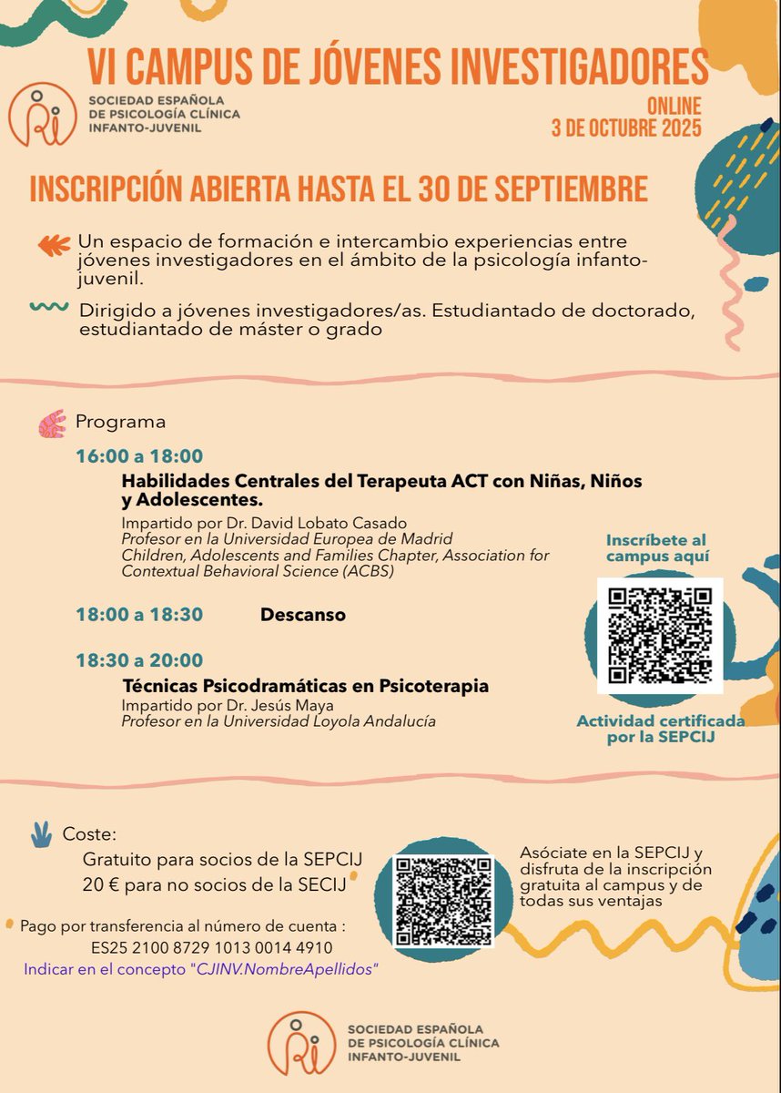 El viernes 3 de octubre estaré en el campus de jóvenes investigadores, organizado por <a href="/RedInfancia2/">Soc.Española Psicología Clinica Infanto-juvenil</a>, hablando sobre habilidades centrales del terapeuta ACT en niñas, niños y adolescentes. Será online, y abierto a estudiantes y terapeutas ❤️