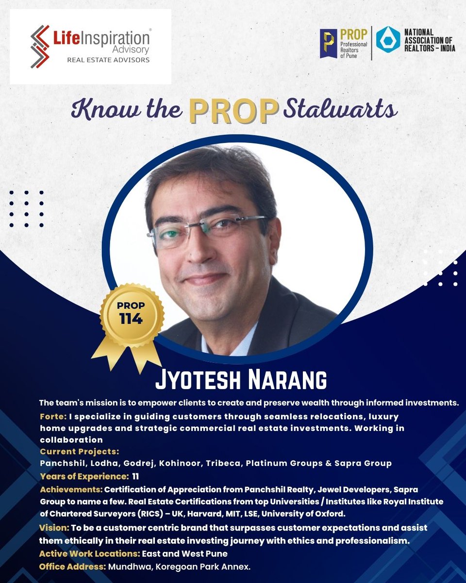 Know The PROP Stalwart - Mr. Jyotesh Narang.
.
.
.
#PROPAssociation #PROPWA #propian #narindia #credai #credainational #naredco #mchi #pune #Property #propertyinvestment #india #PeoplesChoice #nar #realtors #realtorsassociation #maharera #narindia #founder #chairman #training