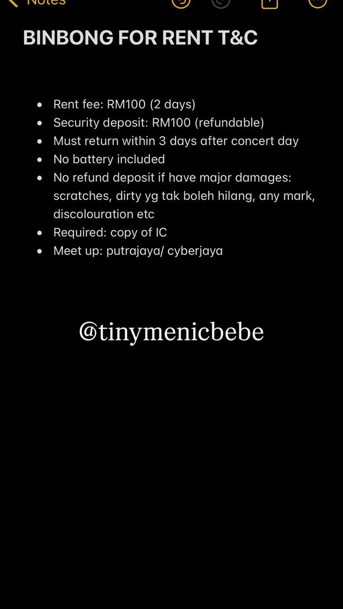 tinykonicbebe's tweet photo. BINBONG FOR RENT / HELP RT

Any 🆔 looking for binbong to rent for The Last Parade Tour  KL Show can hit me up at DM! 

T&amp;C in picture!
Condition: As seen in video!

 https://t.co/I1p4957tgh https://t.co/m9UAumzOqg