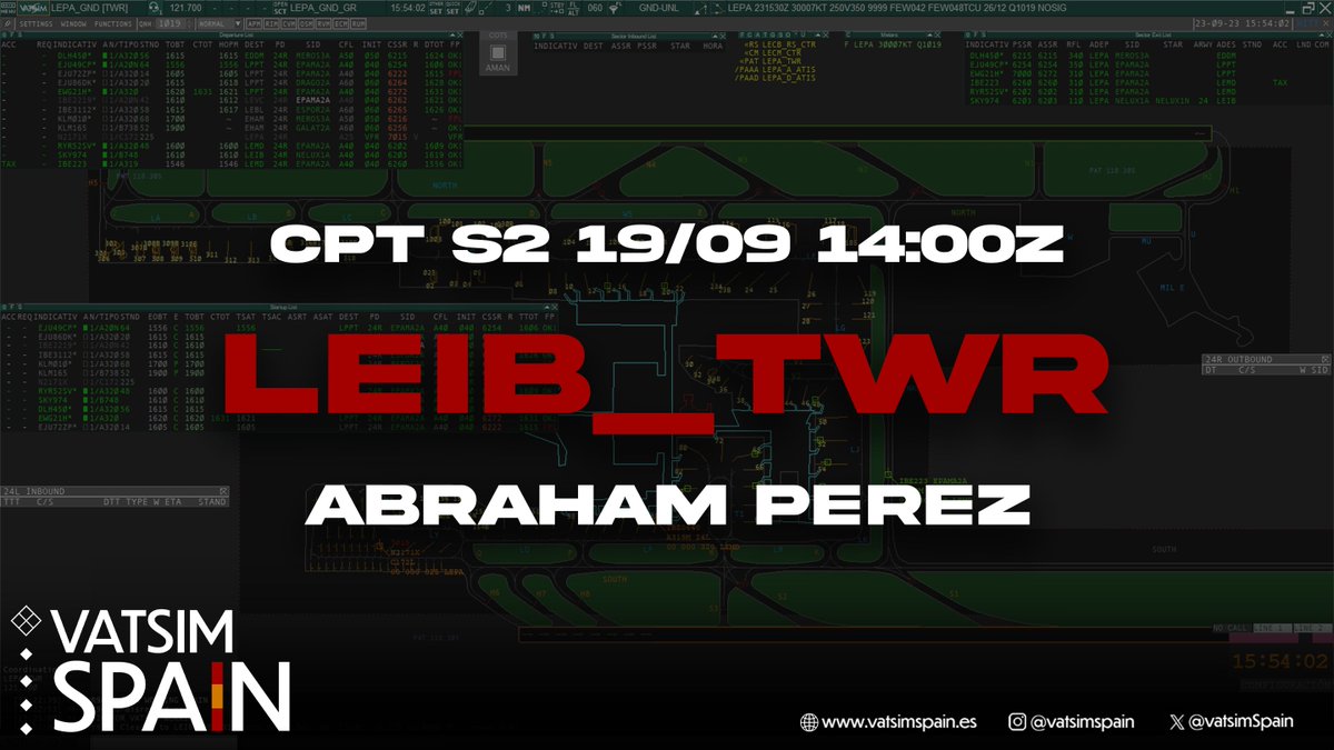 ✈️ ¡Vuela al Ibiza [LEIB_TWR] y apoya a Abraham en su CPT de S2!
📍 IFR &amp; VFR bienvenidos.
🗓️ 19 de septiembre
⏰ Desde las 14:00Z ¡Tu presencia es clave para su éxito!
🎯 ¡Deséale mucha suerte a Abraham! 🍀