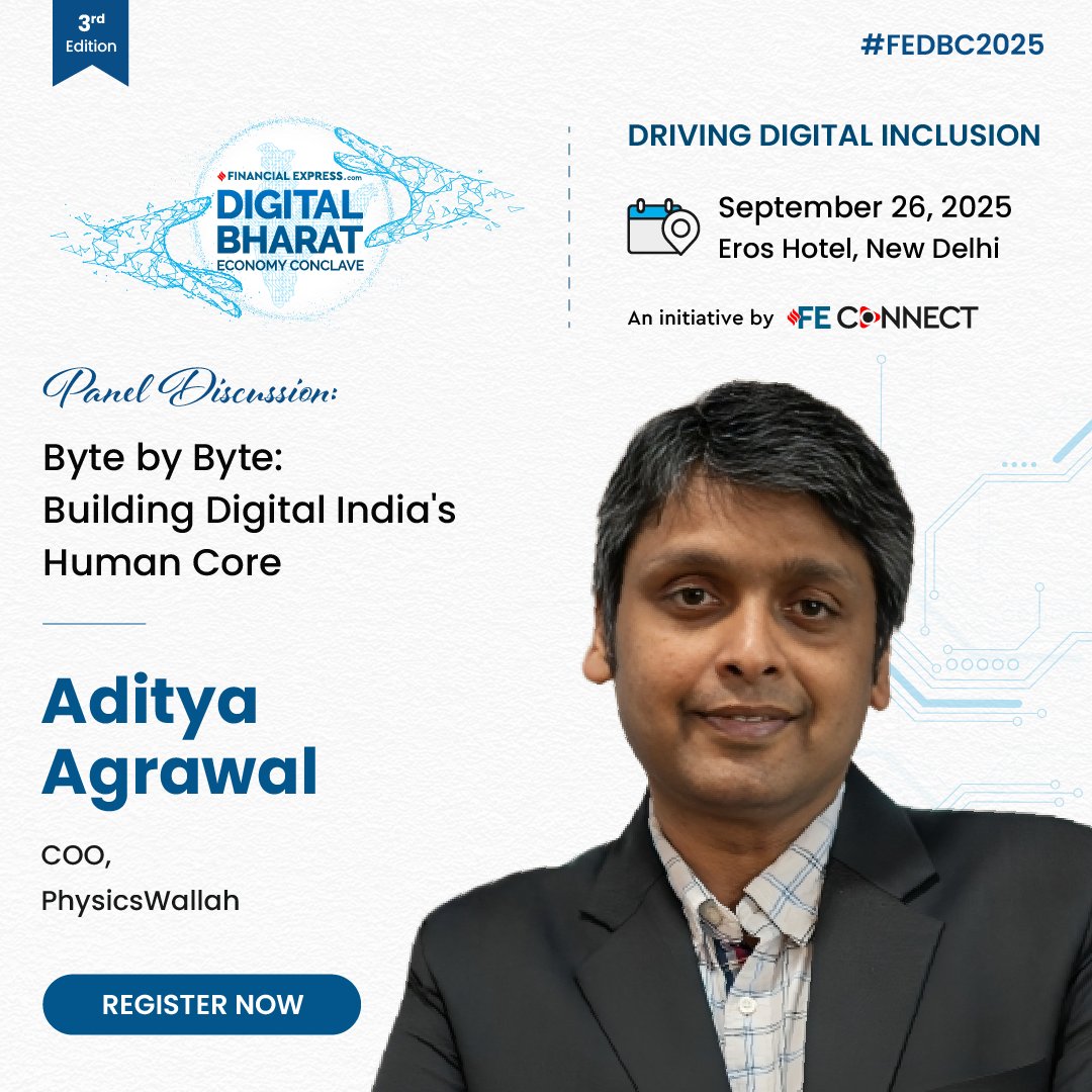 FEBrandWagon's tweet image. Elated to have Aditya Agrawal, COO, @PhysicswallahAP, for the 3rd Edition of the Digital Bharat Economy Conclave.

September 26, 2025 | Eros Hotel, New Delhi
Register Now: shorturl.at/7sPiv

#FEDigitalBharat2025 #FEB2B #DrivingDigitalInclusion #FEConnect