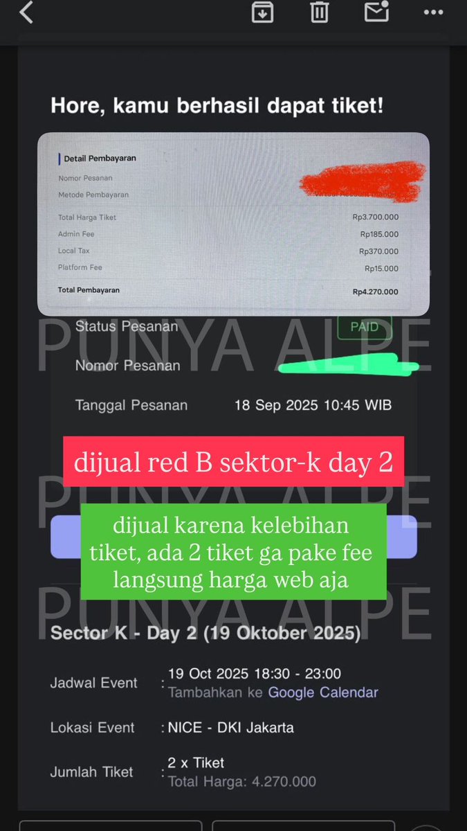 fifypipyy's tweet photo. Wts 2 tiket red b day 2 sector-k festival KPop line up Suho Exo, Illit, Enhypen

Dijual karena panik kelebihan co, beneran kelebihan co😭🙏🏻. Harga website+pajak atau NORMAL AJA. Kalo yang mau bisa ketuk DM ku yaw😉

#SectorK #LivinFest #ENHYPEN #SUHO #ILLIT https://t.co/bxTmCch0Lu