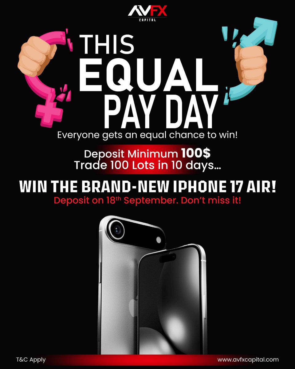 AVFX Capital (@avfxcapitals) on Twitter photo We believe in equal opportunities for every trader ๐
This Equal Pay Day, weโre giving YOU the ๐๐ก๐๐ง๐๐ ๐ญ๐จ ๐ฐ๐ข๐ง. Simply deposit a minimum of $100, trade 100 lots within 10 days, and youโll automatically stand a chance to win the brand-new iPhone 17 Air ๐ฑโจ
Deposit We believe in equal opportunities for every trader ๐
This Equal Pay Day, weโre giving YOU the ๐๐ก๐๐ง๐๐ ๐ญ๐จ ๐ฐ๐ข๐ง. Simply deposit a minimum of $100, trade 100 lots within 10 days, and youโll automatically stand a chance to win the brand-new iPhone 17 Air ๐ฑโจ
Deposit