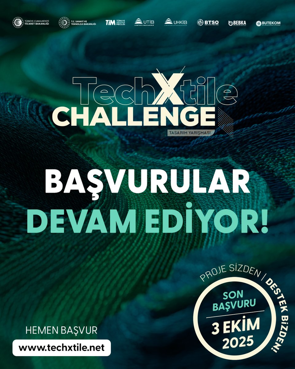 🧵 Teknoloji ve tekstilin buluşma noktası: TechXtile Challenge! Teknoloji ve tekstil alanında yenilikçi fikirlerini bizimle paylaş, sektöre damga vur! Unutma, başvurular için son gün 3 Ekim! ⏳⏰

🔗 Başvuru ve detaylar için: techxtile.net