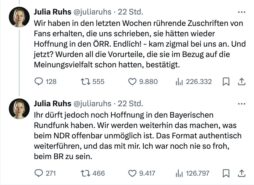 Läuft für Julia Ruhs. Sie ist vielleicht die erste Moderatorin, die gleichzeitig gecancelt und nicht gecancelt wurde. Sie kann das Fehlen von Meinungsvielfalt im ÖRR beklagen, während NDR und BR ganz offenkundig unterschiedliche Meinungen haben. (1/2)