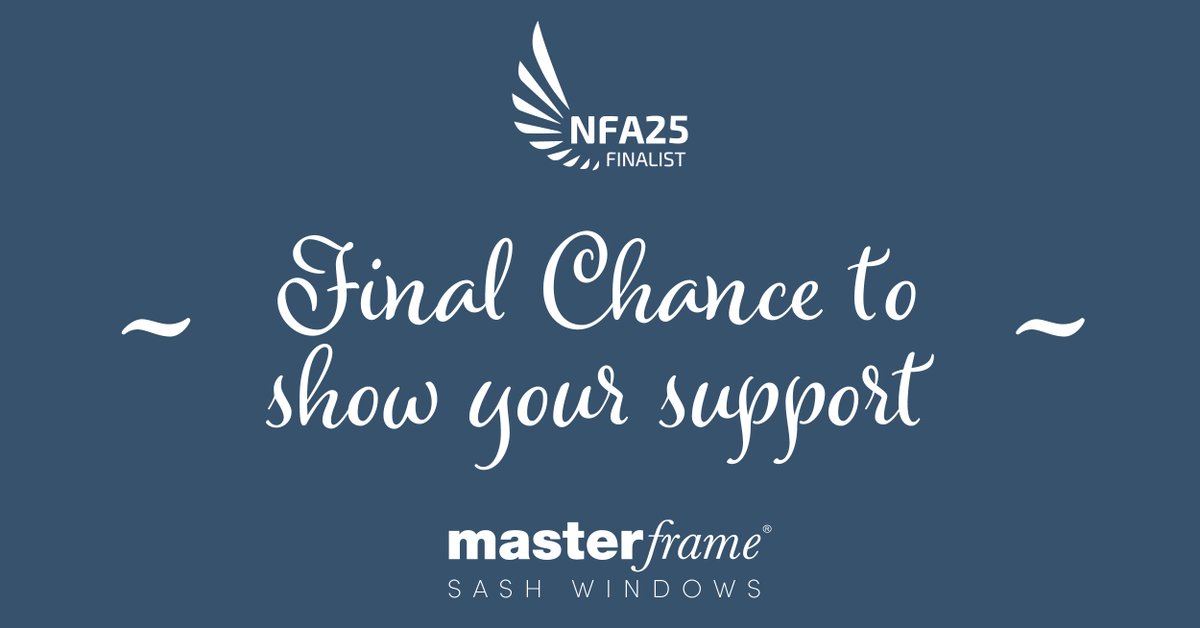 Voting closes TOMORROW at 5pm, so if you haven’t cast your vote yet, then use the link below to vote for Masterframe in the NFA 25 awards.

Vote for Masterframe NOW at zurl.co/1FyLu  #sashwindows #NFA25