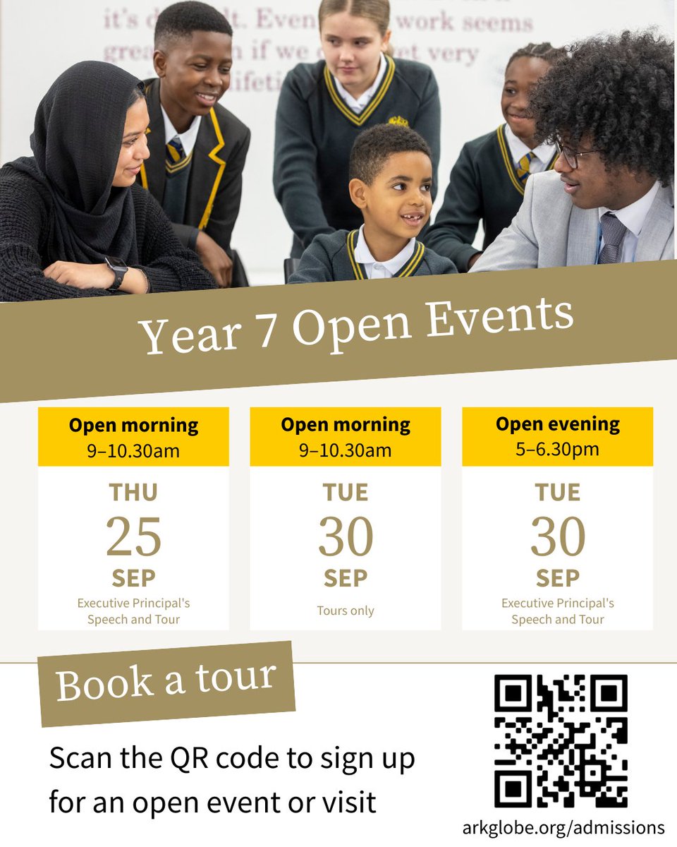 ArkGlobeAcademy's tweet image. 🎓 Is your child starting #secondaryschool in Sept 2026? Come see what makes Ark Globe Academy special at our #Year7 #OpenEvents

📲 No need to book, just turn up! Or book for Fast Track entry: arkglobe.org/admissions

#WeAreGlobe @ArkSchools @MattJones_Globe @se1 @Southwark_News