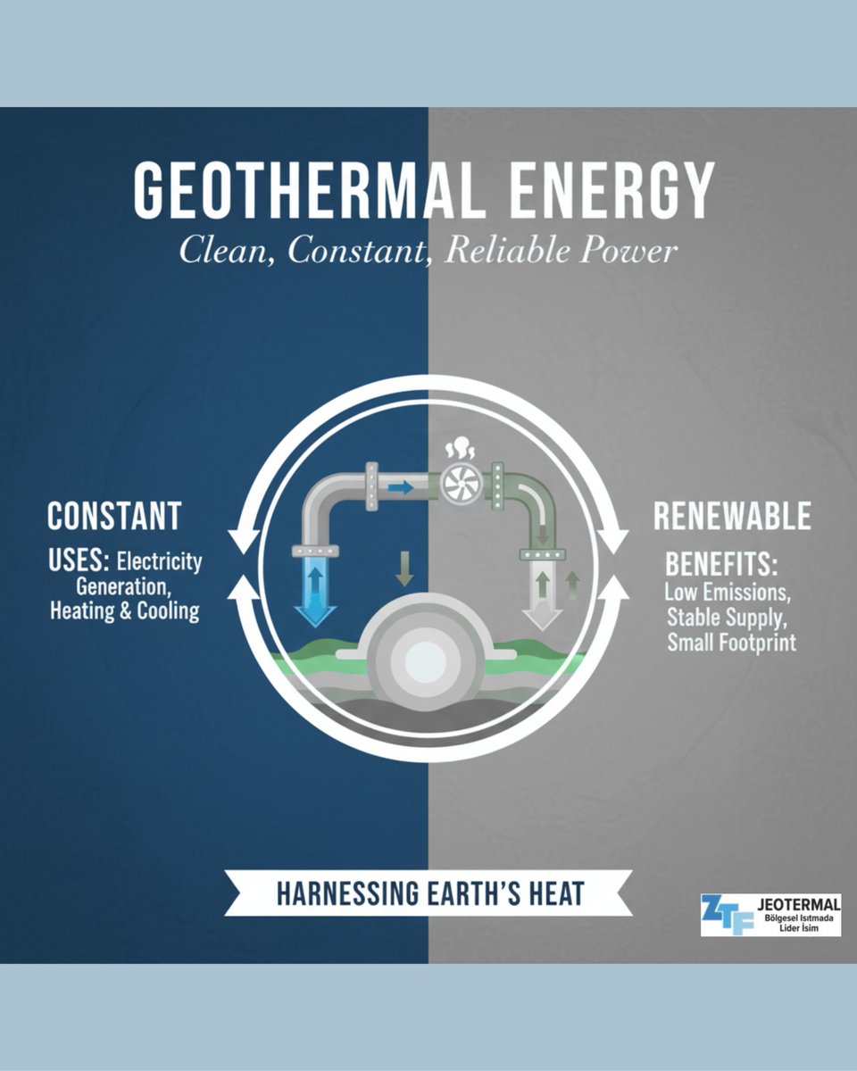 ztfboru's tweet photo. Heat from Earth's core = 24/7 #CleanEnergy! 🌍 Geothermal power offers constant, reliable electricity &amp; efficient heating/cooling with low emissions. A true game-changer for #SustainablePower! #GeothermalEnergy #Renewable https://t.co/TxhOaBHz54