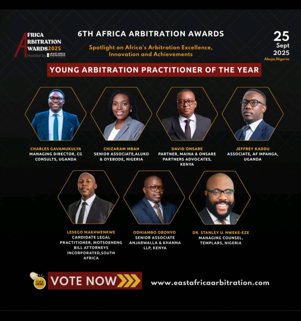 Our lead consultant <a href="/charlesgava_256/">Gava Charles</a>  has been nominated on the shortlist for the Young Arbitration Practitioner of the Year at the 6th Africa Arbitration Awards to be held in Abuja, Nigeria.

This is a testament to quality and excellence. 

Vote here: eastafricaarbitration.com/vote/
