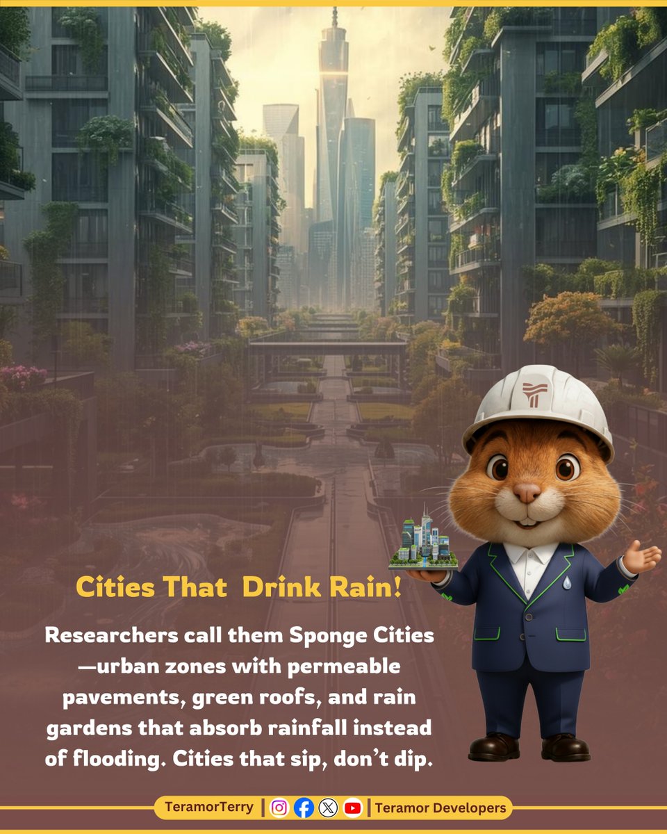 TeramorTerry's tweet image. Sponge Cities :
Urban spaces designed with green roofs, permeable pavements, and rain gardens that soak up rainwater instead of letting it flood away. Cities that sip rain, not drown in it.

#teramorterry #spongecities #greenurbandesign #rainharvesting #ecofriendlyliving