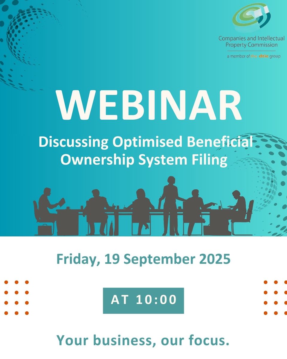 theCIPC's tweet photo. Reminder of the BO Webinar Tomorrow!⏰ 
The CIPC launched a new Optimised Beneficial Ownership Declaration functionality. 
The optimisation of the functionality is aimed at simplifying the BO filing process and elevating the ease of doing business in South Africa. 

Please join us to learn more. 

The webinar will be streamed live on CIPC Facebook and YouTube. No need to register. Simply follow CIPC on Facebook or subscribe to theCIPC on YouTube.

#CIPC #BusinessWebinar #BeneficialOwnership #CIPCWebinar