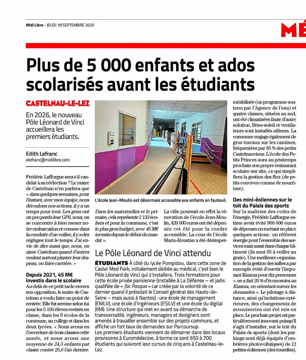 À Castelnau-le-Lez, une rentrée sous le signe de la sérénité.

24,5 enfants en moyenne par classe dans les écoles primaires 

Une offre éducative complète : de la crèche au lycée… et bientôt jusqu’au master avec le futur pôle d’excellence Léonard de Vinci

Sobriété énergétique :