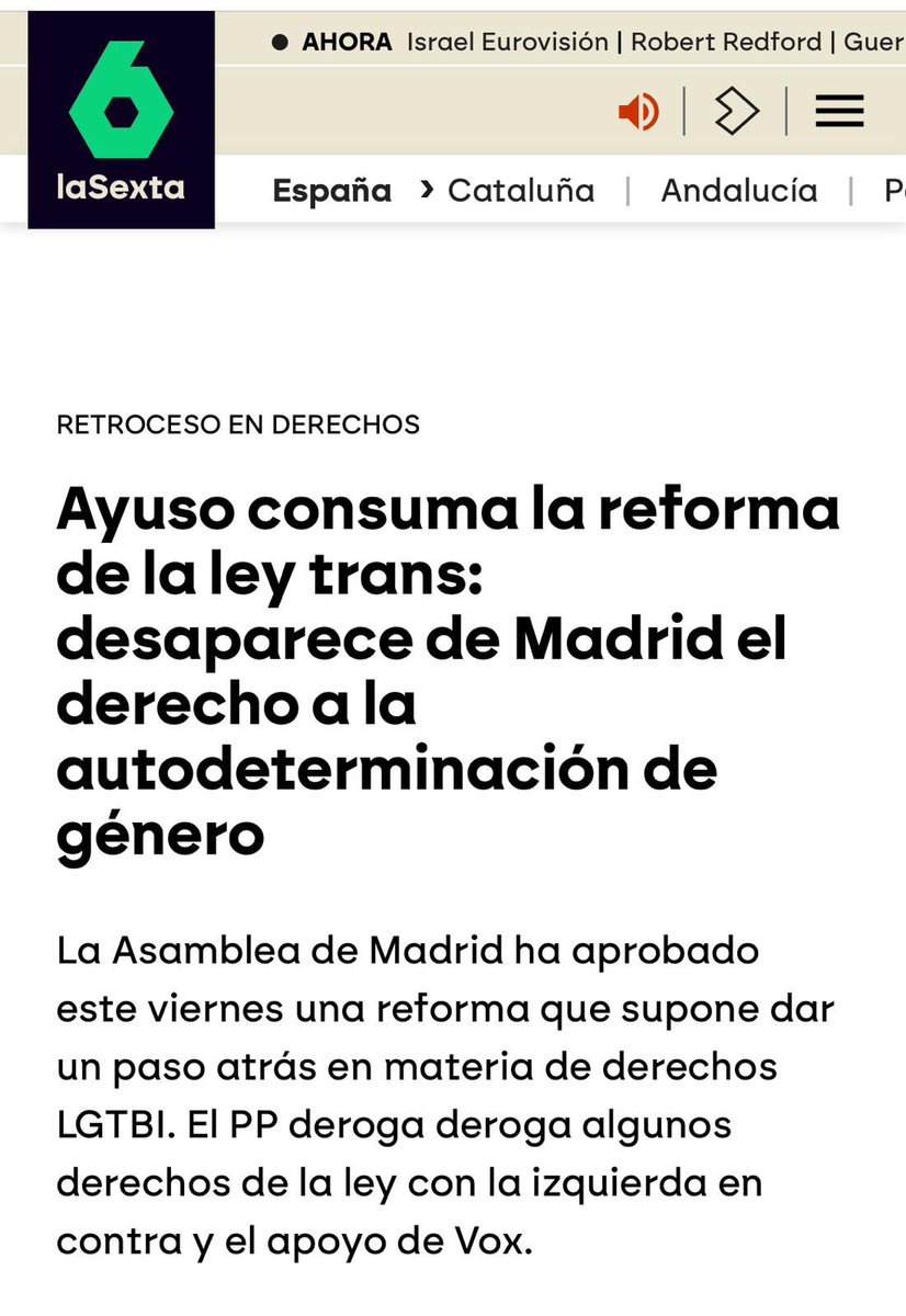Escribe en X: Israel llevó a la primera artista trans a Eurovisión.

Legisla en la Asamblea y deroga en Madrid la ley trans. 

Ayuso en estado puro: ¿qué le pasa por la cabeza y el corazón?