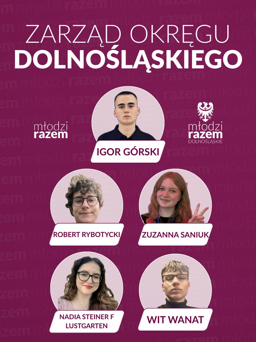 mrdolnoslaskie's tweet image. Nowy (a po części stary) ZARZĄD OKRĘGU DOLNOŚLĄSKIEGO Młodych Razem 💜 W wyborach uzupełniaących wybraliśmy @imzuziaaa, @wanat_wit i Nadię Steiner F Lustgarten, którzy dołączyli do @ig_gorsky i @RobertRybotycki.