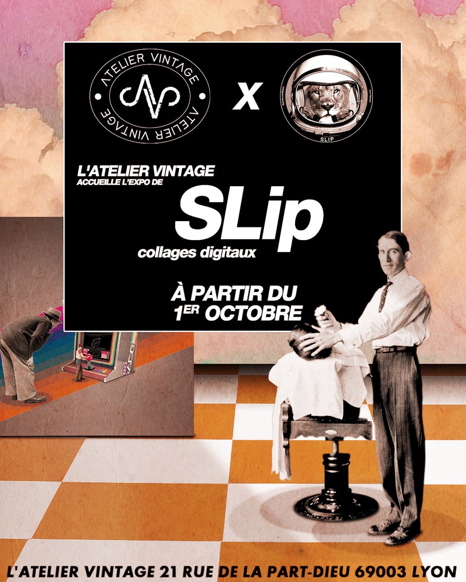 ✂️🍸 Des ciseaux, des rasoirs et… des collages digitaux.
À partir du 1er octobre, mes œuvres débarquent dans un lieu pas comme les autres : L’Atelier Vintage, barbershop au cœur de Lyon.

Viens te faire retourner les cheveux… et le regard 👀
#Expo #Lyon #CollageDigital #Art