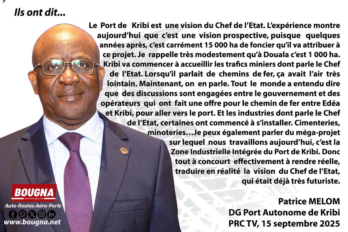 Pour Patrice MELOM, Directeur Général du Port de Kribi, le <a href="/PortOfKribi/">Port Autonome de Kribi</a> est l'une des plus grandes réalisations du Chef de l'État <a href="/PR_Paul_BIYA/">President Paul BIYA</a> .