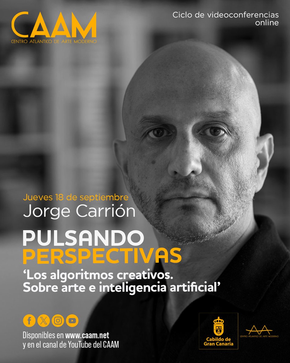 El escritor catalán <a href="/jorgecarrion21/">Jorge Carrión</a> abre hoy el ciclo ‘Pulsando Perspectivas’ del #CAAM con la videoconferencia ‘Los algoritmos creativos. Sobre arte e inteligencia artificial’ que puedes disfrutar desde hoy en nuestra web y canal de YouTube. ¡Recomendada!
caam.net/ciclo/ciclo-de…