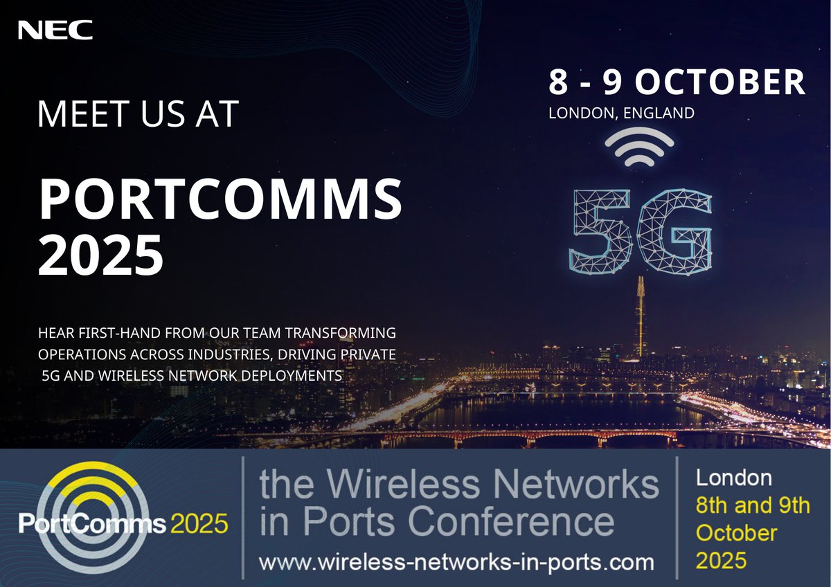 🌐#NEC is proud to be an Exhibitor and Sponsor at the #PortComms: Wireless Networks in Ports Conference, taking place in London on the 8–9 October!

🔗Visit, for more information: wireless-networks-in-ports.com