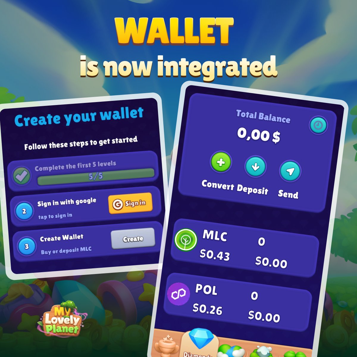 MyLovelyPlanet1's tweet image. 🔥Wallet In-Game is live in the new update!!🔥

A new update is available for the game.
✅ Create your wallet directly in the game
✅ Deposit your $MLC 

Staking and diamonds conversion to MLC are coming next!!

And today’s not over yet… 
More CRAZY news coming... 😉💚