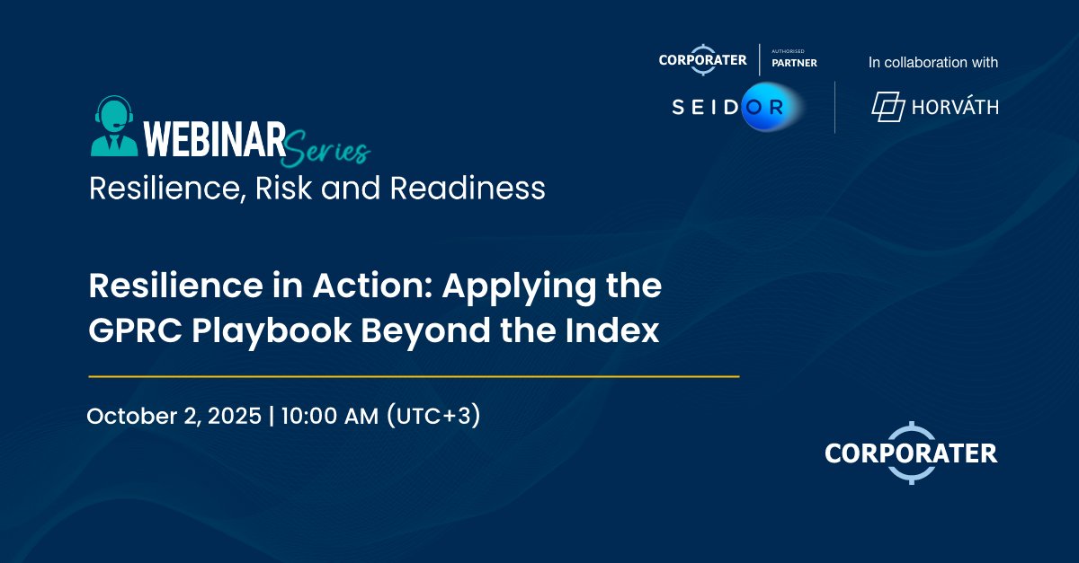 Corporater's tweet image. Join the webinar ‘Resilience in Action – Applying the #GPRC Playbook Beyond the Index’ by SEIDOR, in collaboration with Corporater and Horváth, on how to embed resilience into your organization’s governance, performance, risk, and compliance practice.
me.seidor.com/seidor-resilie…