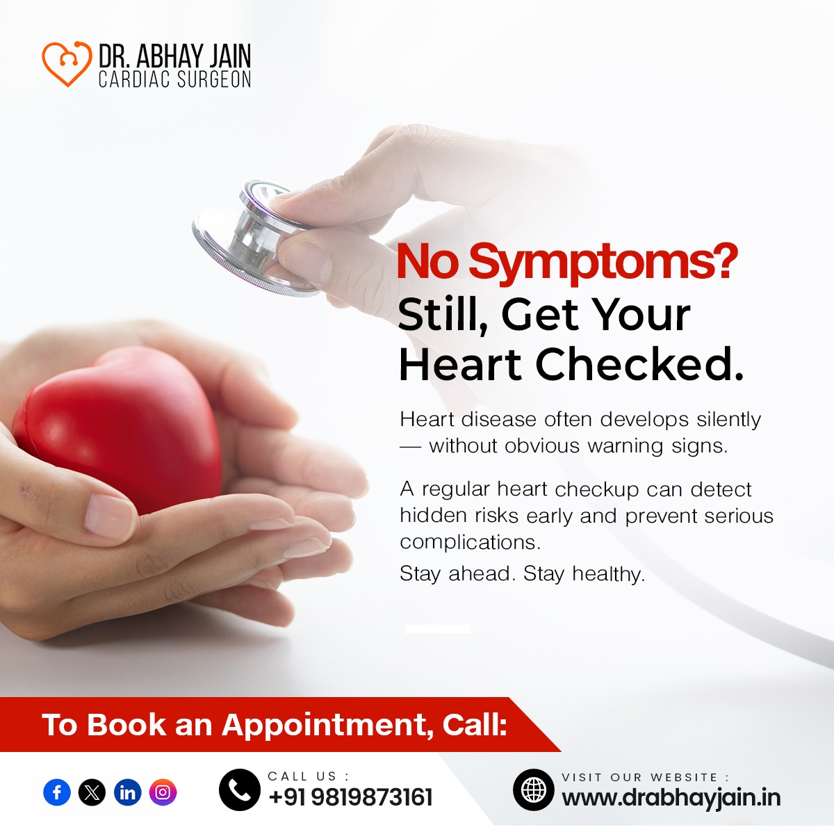 DrAbhayJaincvts's tweet image. No Symptoms? 🫀
Still, Get Your Heart Checked.

Stay ahead. Stay healthy.

📞 Call Dr. Abhay Jain: +91 98198 73161
💖 Learn more: drabhayjain.in

#HeartCheckup #PreventiveCare #AbhayJain #HeartSurgeon #Mumbai #DrAbhayJain #MumbaiCardiacSurgeon #CardiacCare #HeartDisease