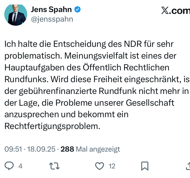 Nochmal für alle zum Mitschreiben und ganz besonders für dich, <a href="/jensspahn/">Jens Spahn</a> #JuliaRuhs ist lediglich als Moderatorin beim <a href="/ndr/">NDR.de</a> weg vom Fenster. Das Format #Klar gibt es weiterhin. Beim <a href="/BR_Presse/">BR - Bayerischer Rundfunk</a>  darf sie weiterhin arbeiten. Rechtskonservative unterschlagen gerne die Details.