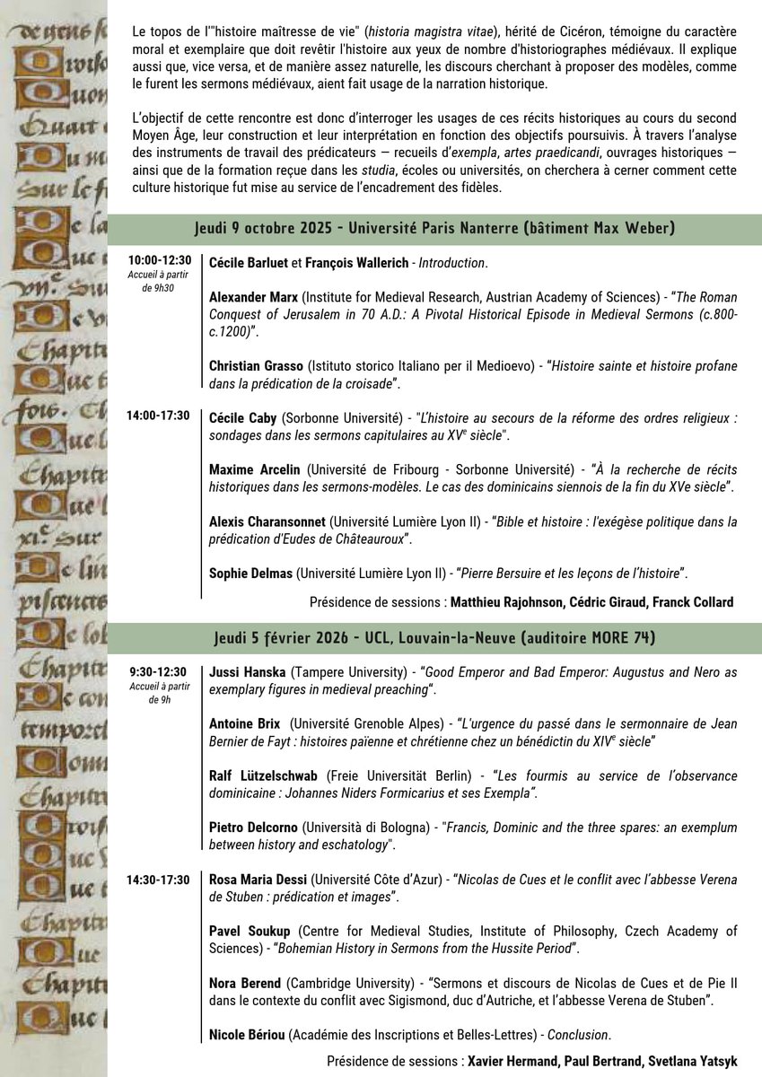 « Usages du récit historique dans la prédication médiévale », colloque international. Première journée à l’université Paris Nanterre le 9 octobre  prochain