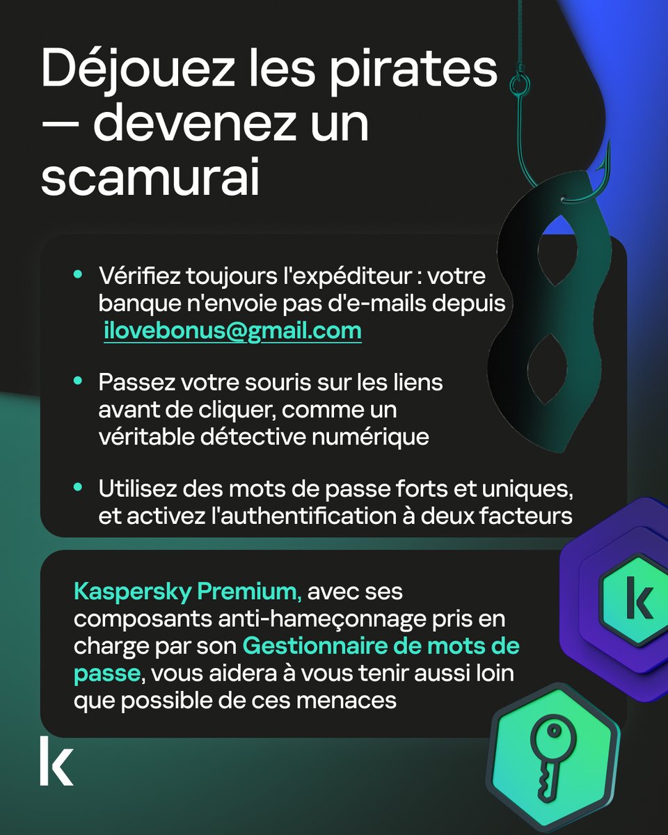 kasperskyfrance's tweet photo. Les cybercriminels ne dorment jamais 🕵️‍♂️. Smishing, vishing, clone phishing… leurs méthodes deviennent de plus en plus sophistiquées. Entre e-mails générés par l’IA, deepfakes vocaux et sites frauduleux imitant vos marques préférées, même les plus prudents peuvent être piégés. https://t.co/EvMFwGSdGG