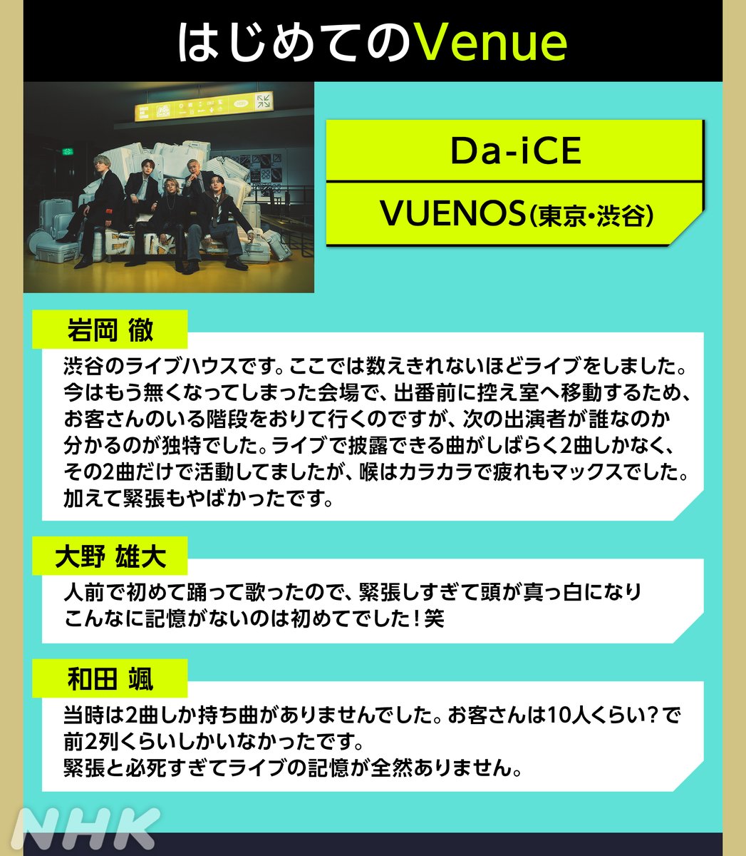 nhk_venue101's tweet image. 🤳#Venue101 見逃し配信中✨
▶️plus.nhk.jp/watch/st/g1_20…

🚩#はじめてのVenue🚩

初めてライブをした場所と
思い出を聞く企画💫

#Da_iCE➡️VUENOS
#ILLIT➡️BLUE SQUARE