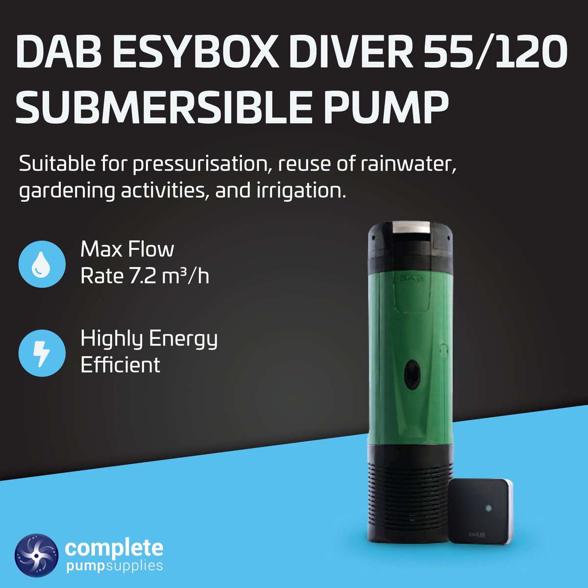 completepumps's tweet photo. Save on the DAB Esybox Diver 55-120 Submersible Pump! 🛍️

The DAB Esybox Diver 55/120 Submersible Pump combines the advantages of evolved inverter electronics with the flexibility of remote control via the DAB DConnect Box 2 app.

Shop today 👉 https://t.co/kuvjXBH0Qo https://t.co/9M7rXbVEio